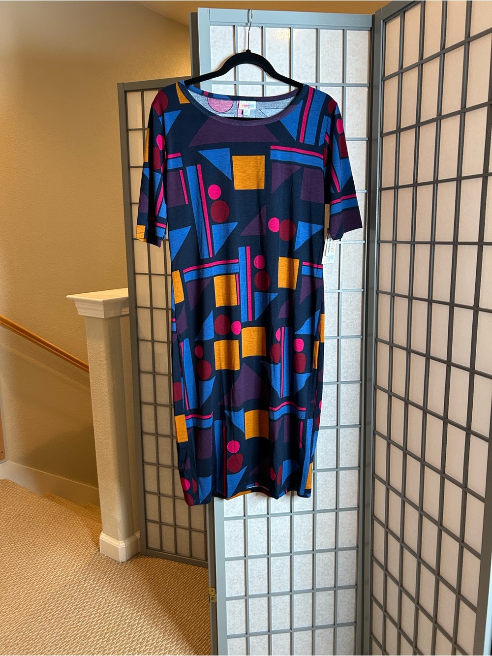 NWT LuLaRoe Julia Navy Geometric Midi Dress with Pink and Mustard Accents